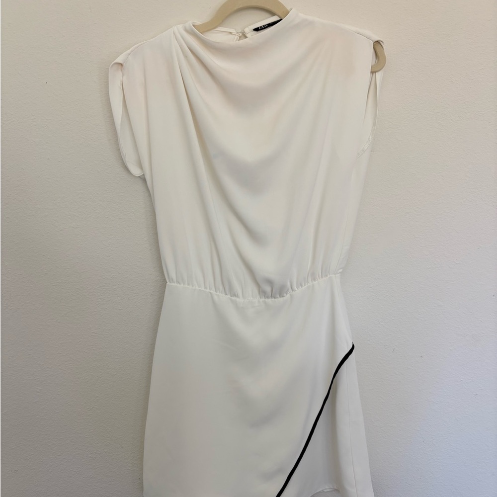 Zara White Asymmetrical Dress with Black Accent